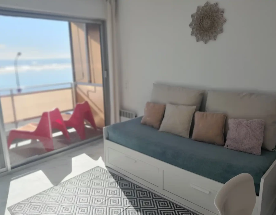 Vue du salon et du balcon vue sur mer de l’Écrin de sérénité