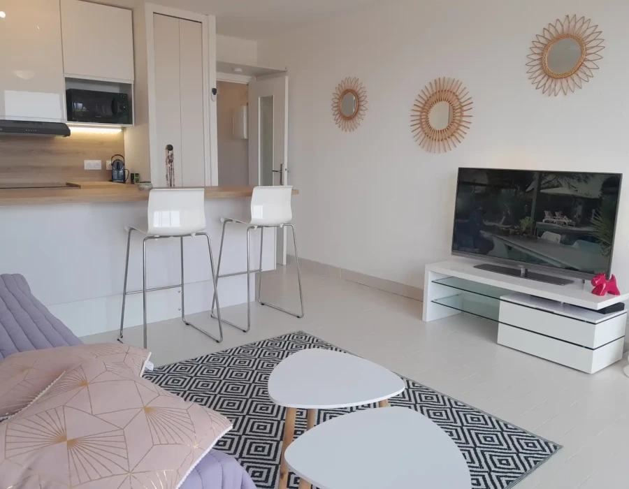 Vue du salon avec smart TV et du balcon vue sur mer de l’Écrin de sérénité