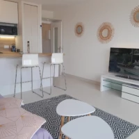Vue du salon avec smart TV et du balcon vue sur mer de l’Écrin de sérénité